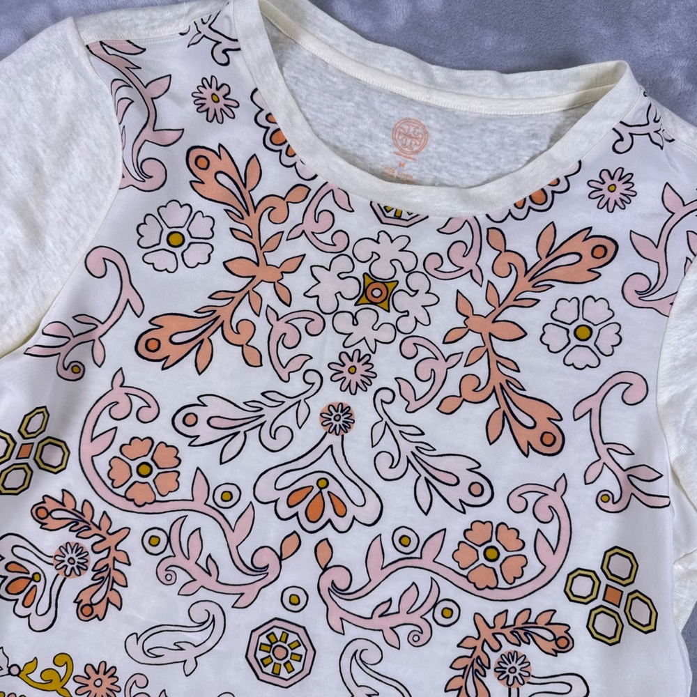 Tory Burch Silk Front Linen Back Floral Print Top Ivory Pink Womens M 46742